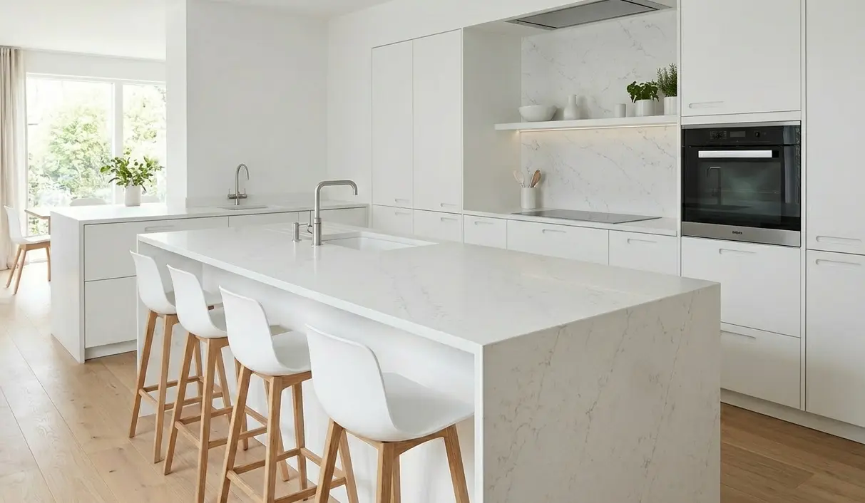 Conceptual rendering of Bianco Superiore quartzite kitchen island paired with matching backsplash panel in a white modern kitchen