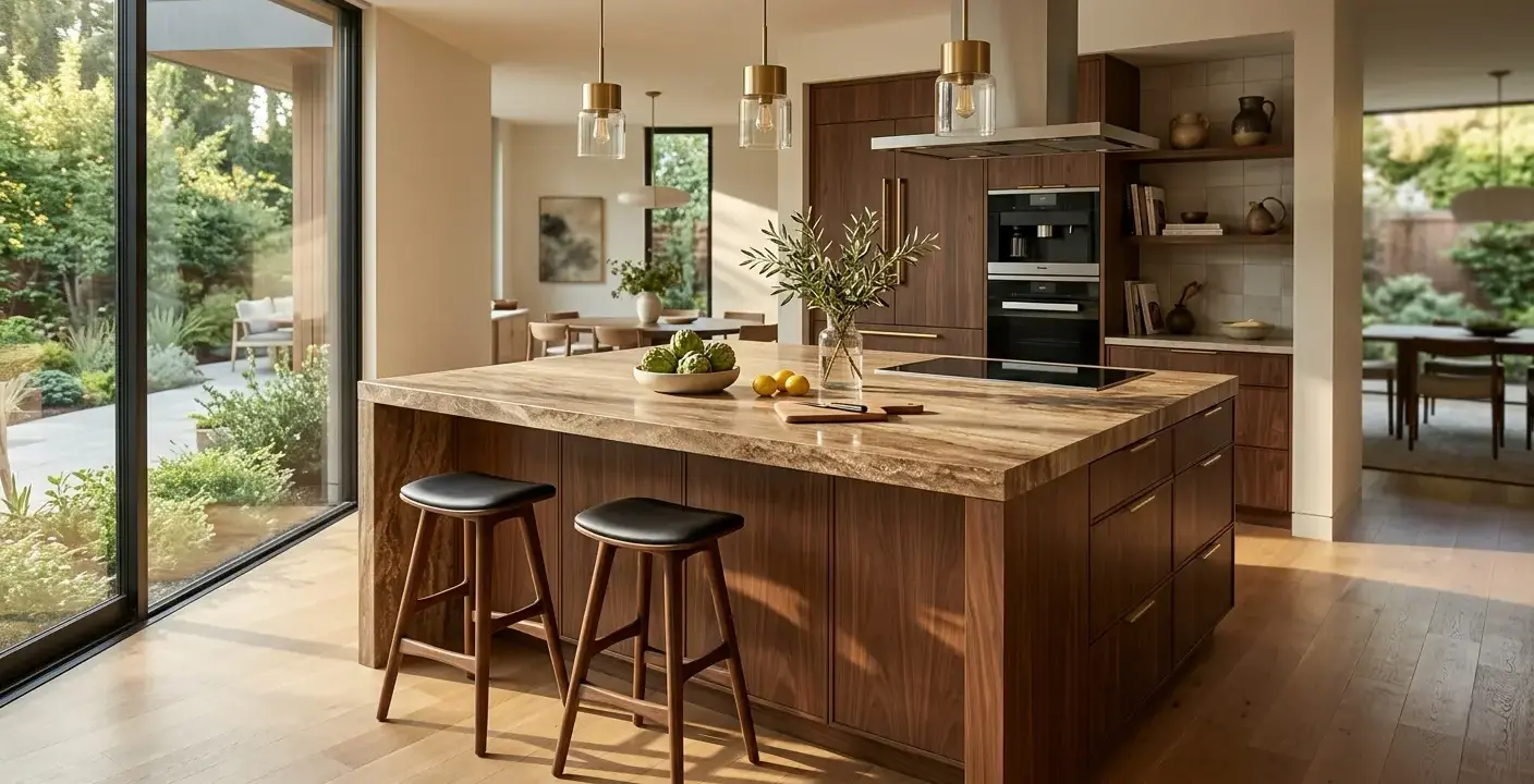Conceptual rendering of honed noce travertine countertop slab showing walnut tones and cross-cut veining