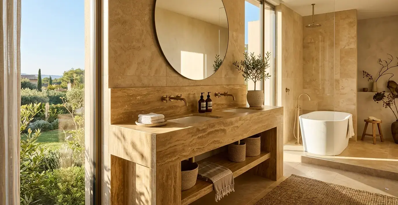 Conceptual rendering of a gold travertine bathroom vanity with honed finish