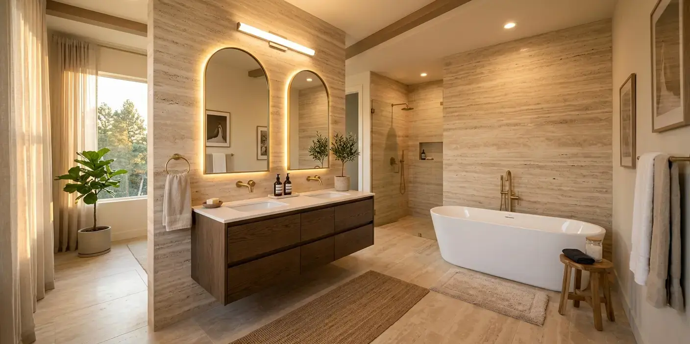 Conceptual rendering of a honed travertine accent wall with linear veining in a bathroom