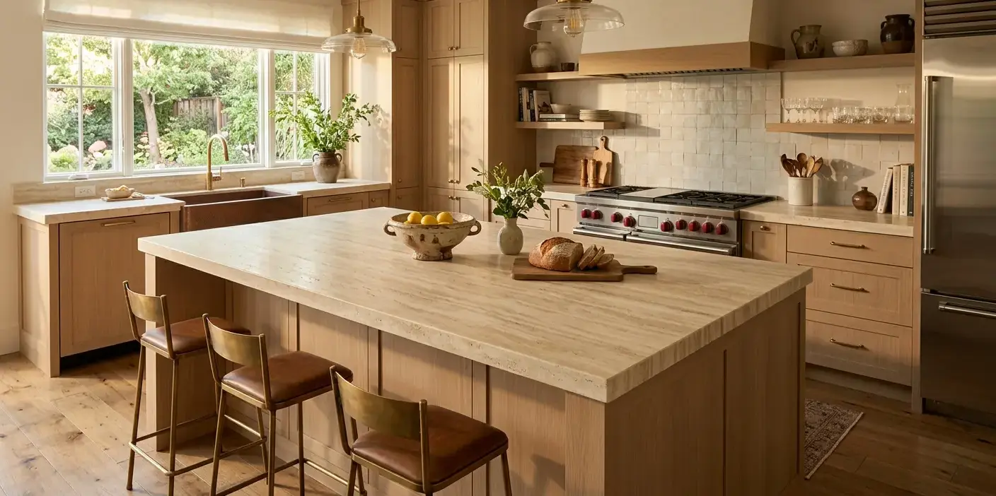 Conceptual rendering of a honed ivory travertine kitchen countertop with cross-cut veining