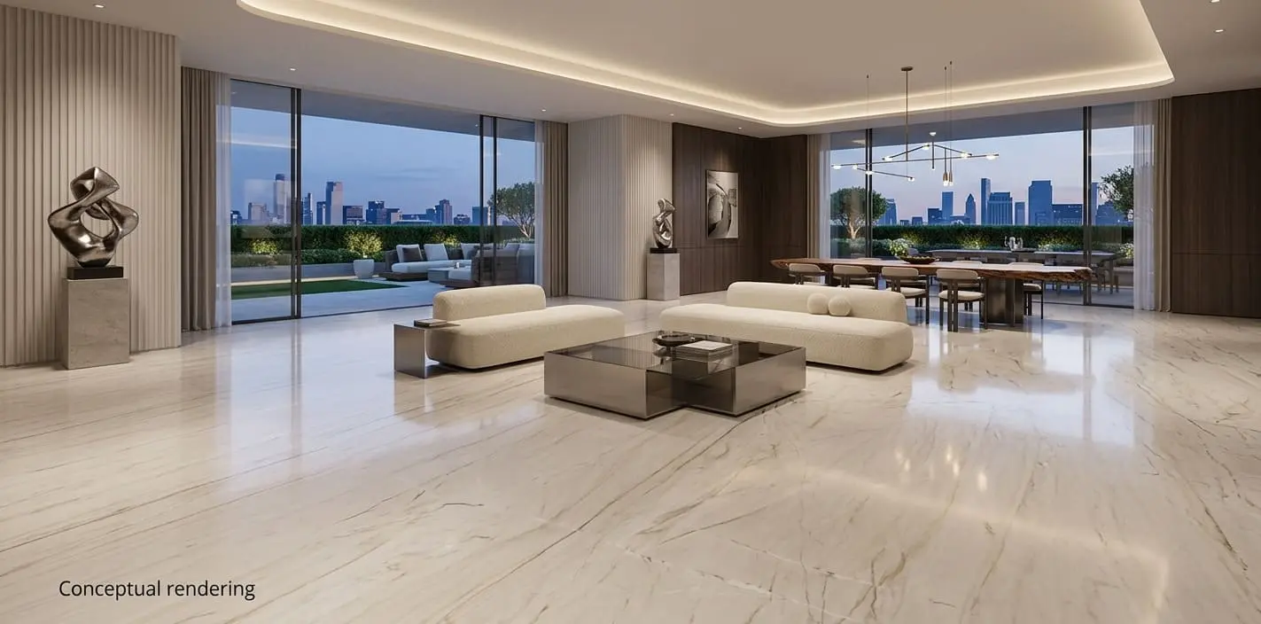 Conceptual rendering of luxury interior featuring polished Bianco Superiore quartzite flooring