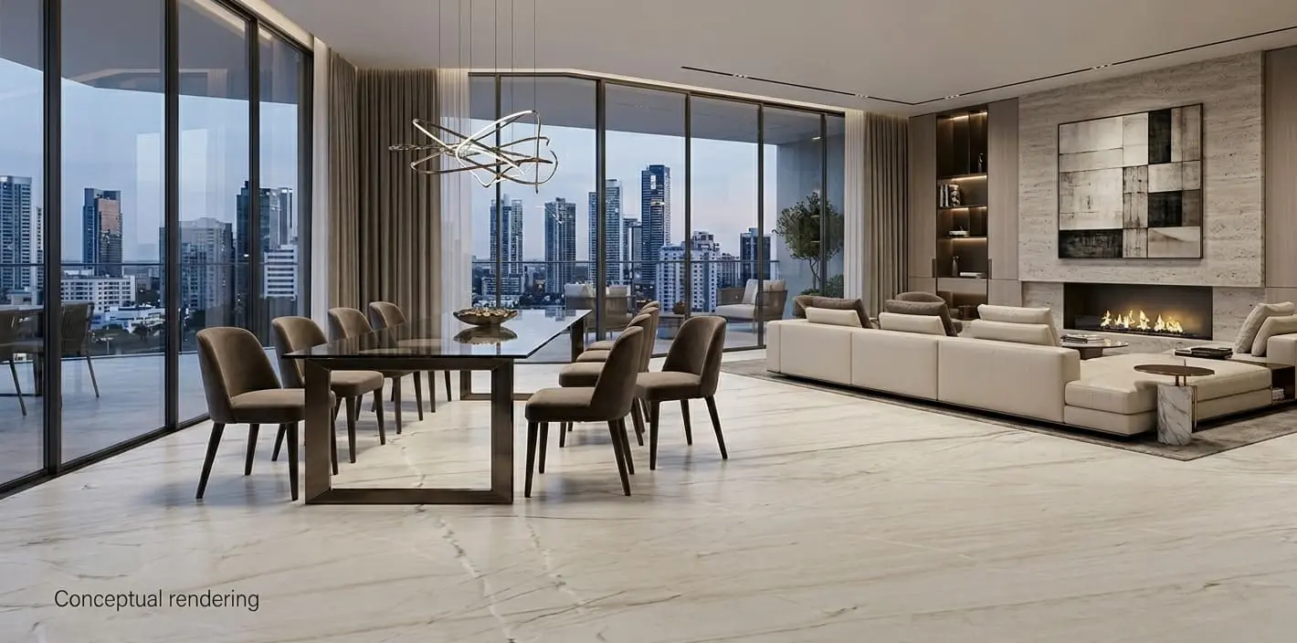 Conceptual rendering of luxury penthouse interior with Bianco Superiore quartzite flooring