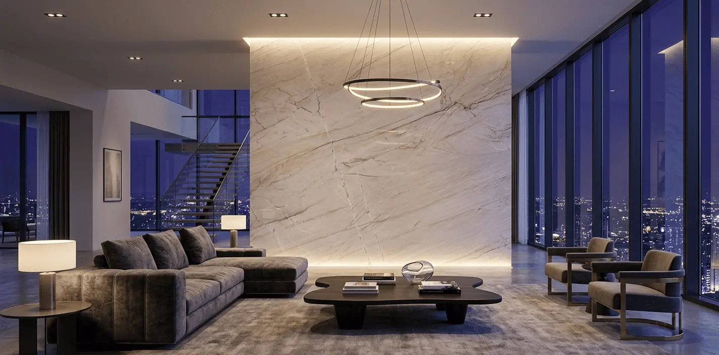 Conceptual rendering of modern living room with a Bianco Superiore quartzite feature wall