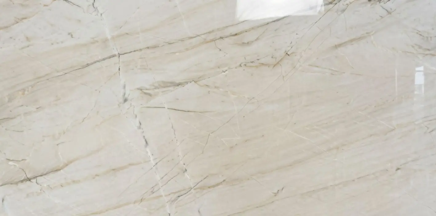 Conceptual rendering of polished Bianco Superiore Quartzite slab at Nova Tile and Stone showroom