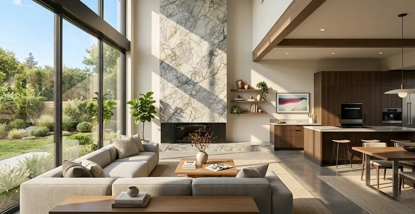 Conceptual rendering of a Bianco Superiore Quartzite vertical accent wall installation in a modern living room setting