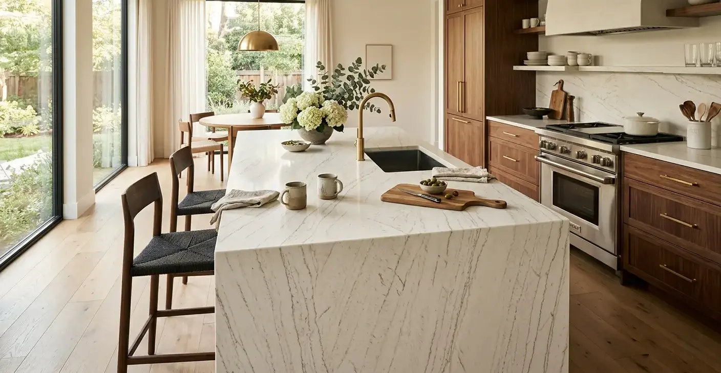 Conceptual rendering of a Bianco Superiore Quartzite slab surface showing fine linear silver and light gray veining on a cream white base
