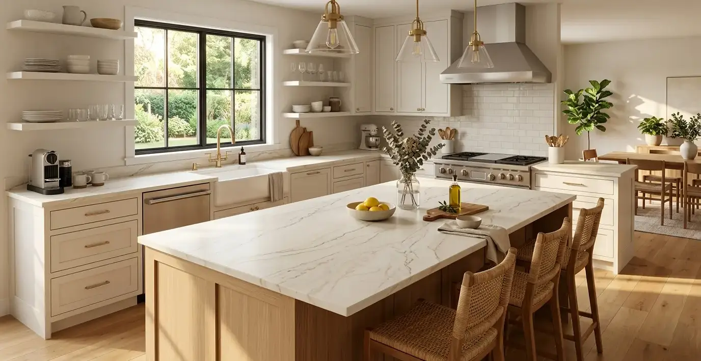 Conceptual rendering of a Bianco Superiore Quartzite honed kitchen countertop with white cream tones and fine silver veining