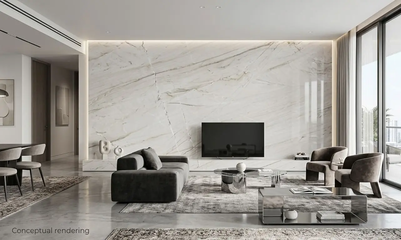 Concpetual rendering of luxury living room with bianco superiore quartzite