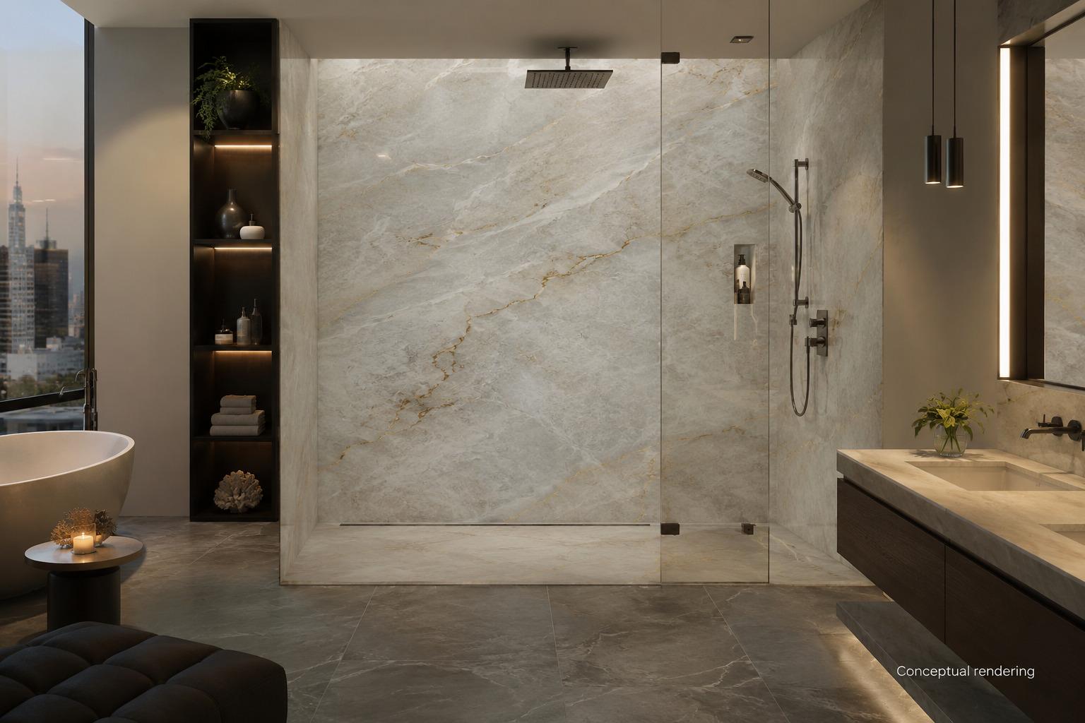 Conceptual Rendering of a Bianco Superiore quartzite shower walls in a modern bathroom space