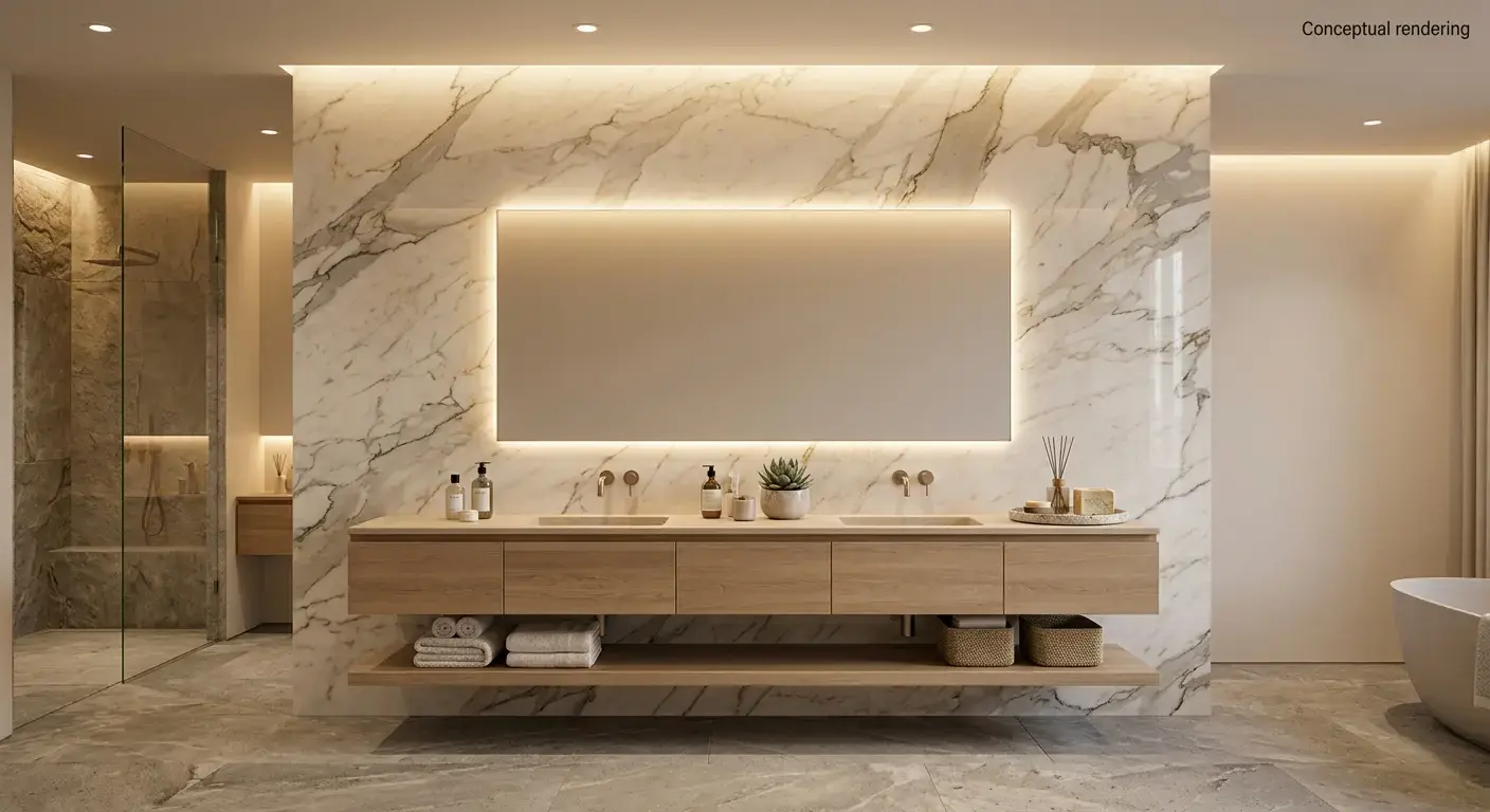 Conceptual rendering of a polished Bianco Superiore quartzite slab installed as a bathroom vanity wall