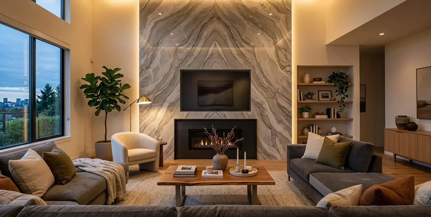Conceptual rendering of a large-format Bianco Superiore quartzite feature wall in a modern living room