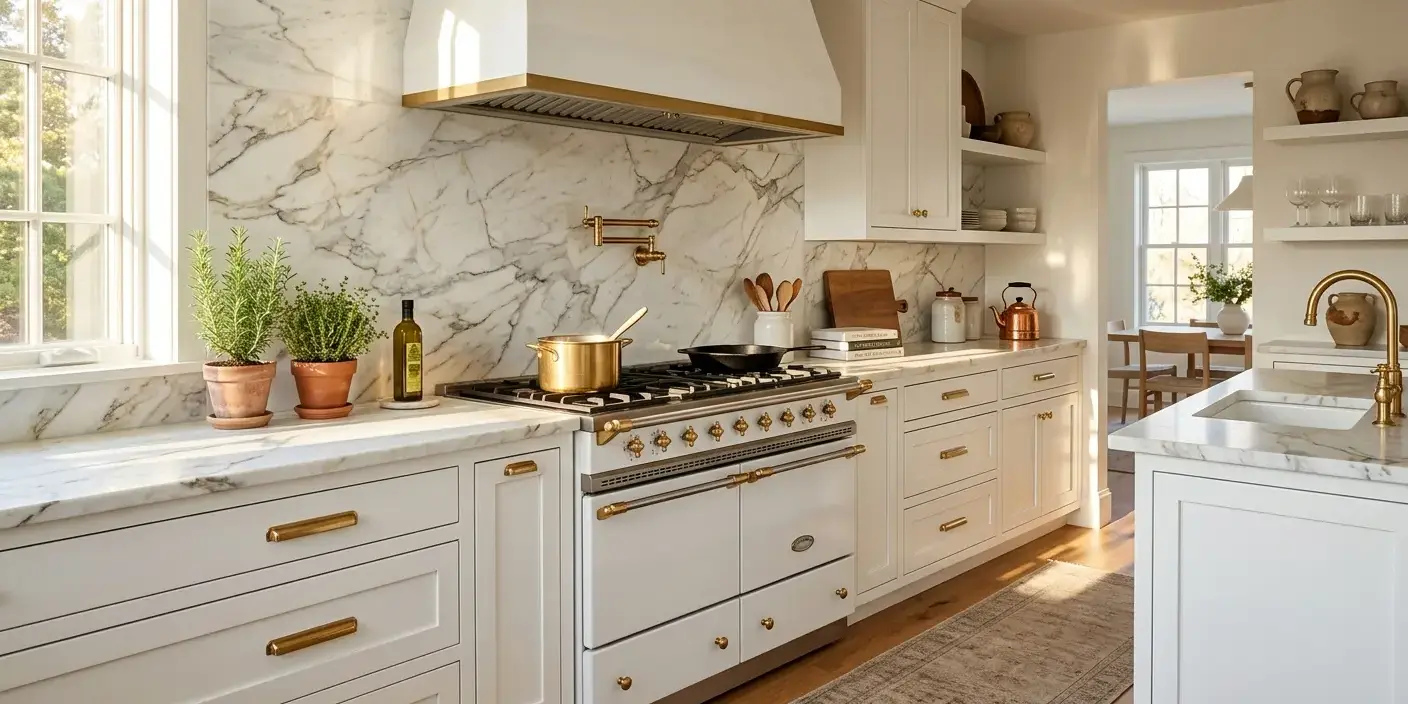 Conceptual rendering of a Bianco Superiore quartzite backsplash behind a white kitchen range with brass fixtures