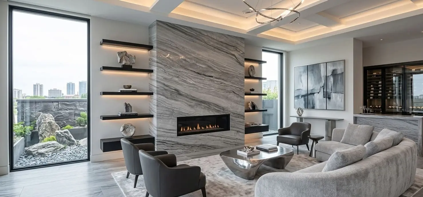 Conceptual rendering of allure gray quartzite in fireplace living romm