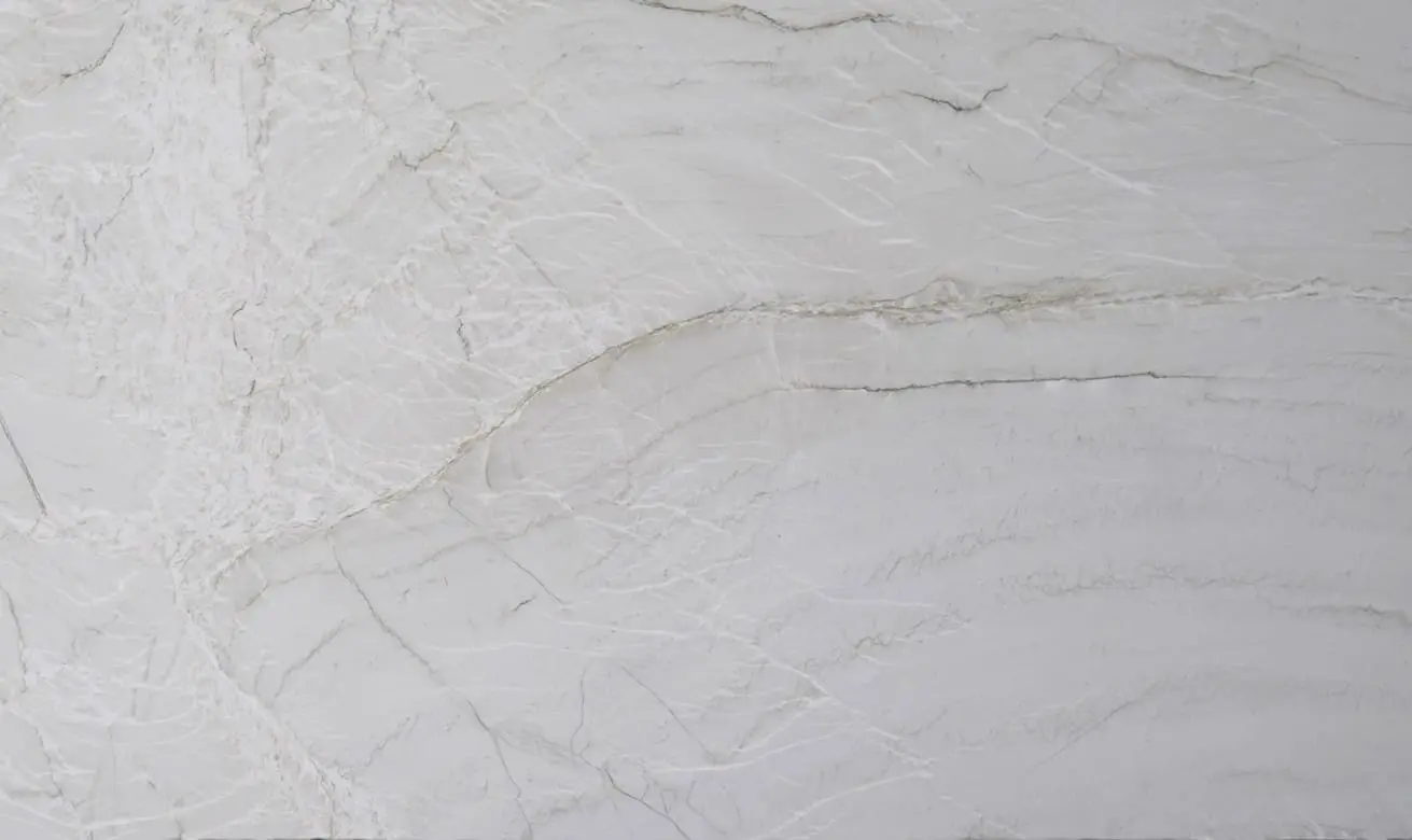 Conceptual rendering of leathered Bianco Superiore quartzite slab at Nova Tile and Stone