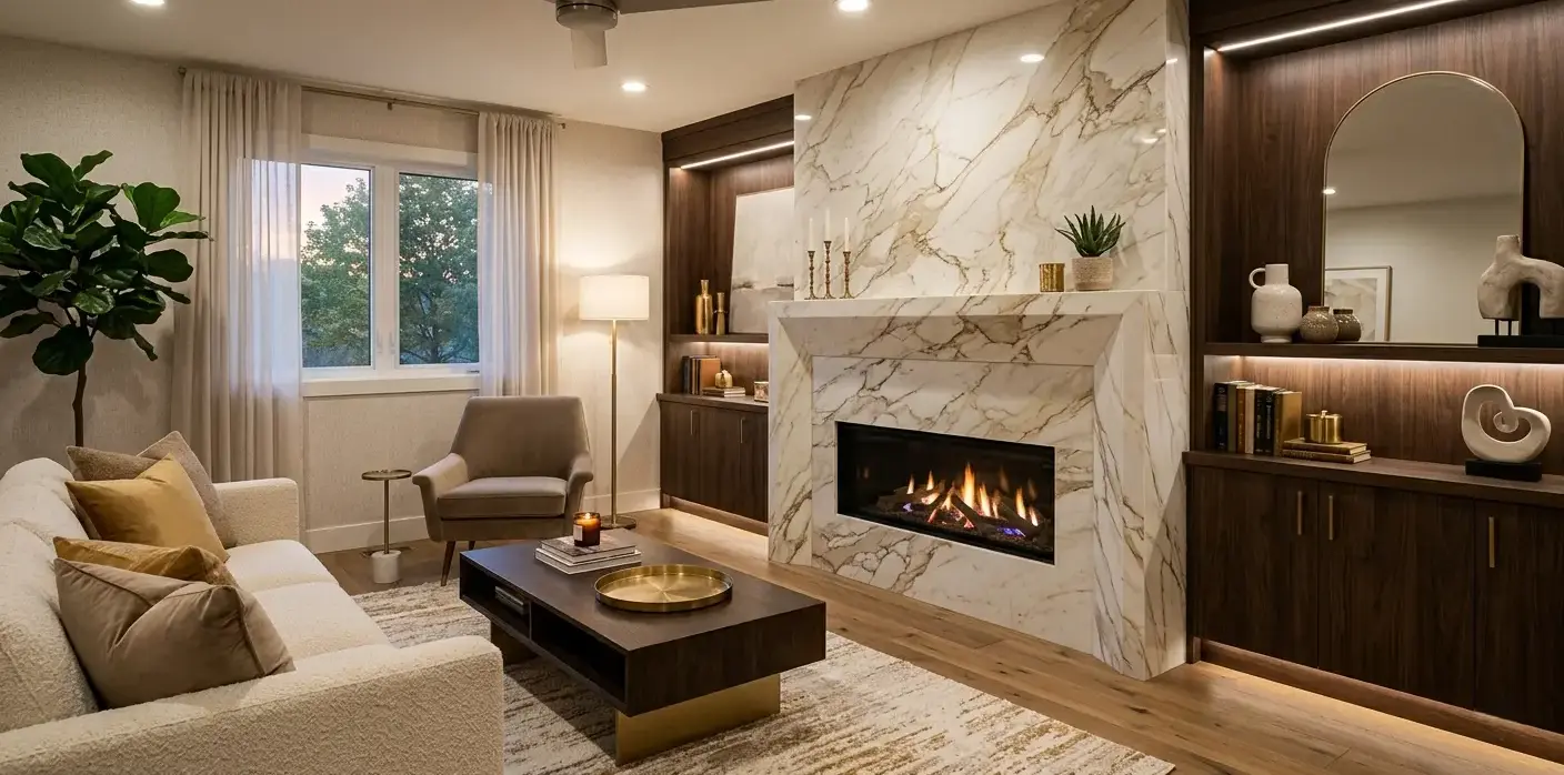 Conceptual rendering of a Bianco Superiore quartzite fireplace surround with gold and taupe veining detail