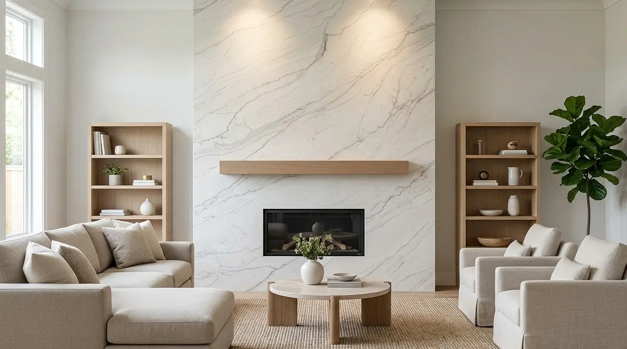 Conceptual rendering of white quartzite fireplace surround