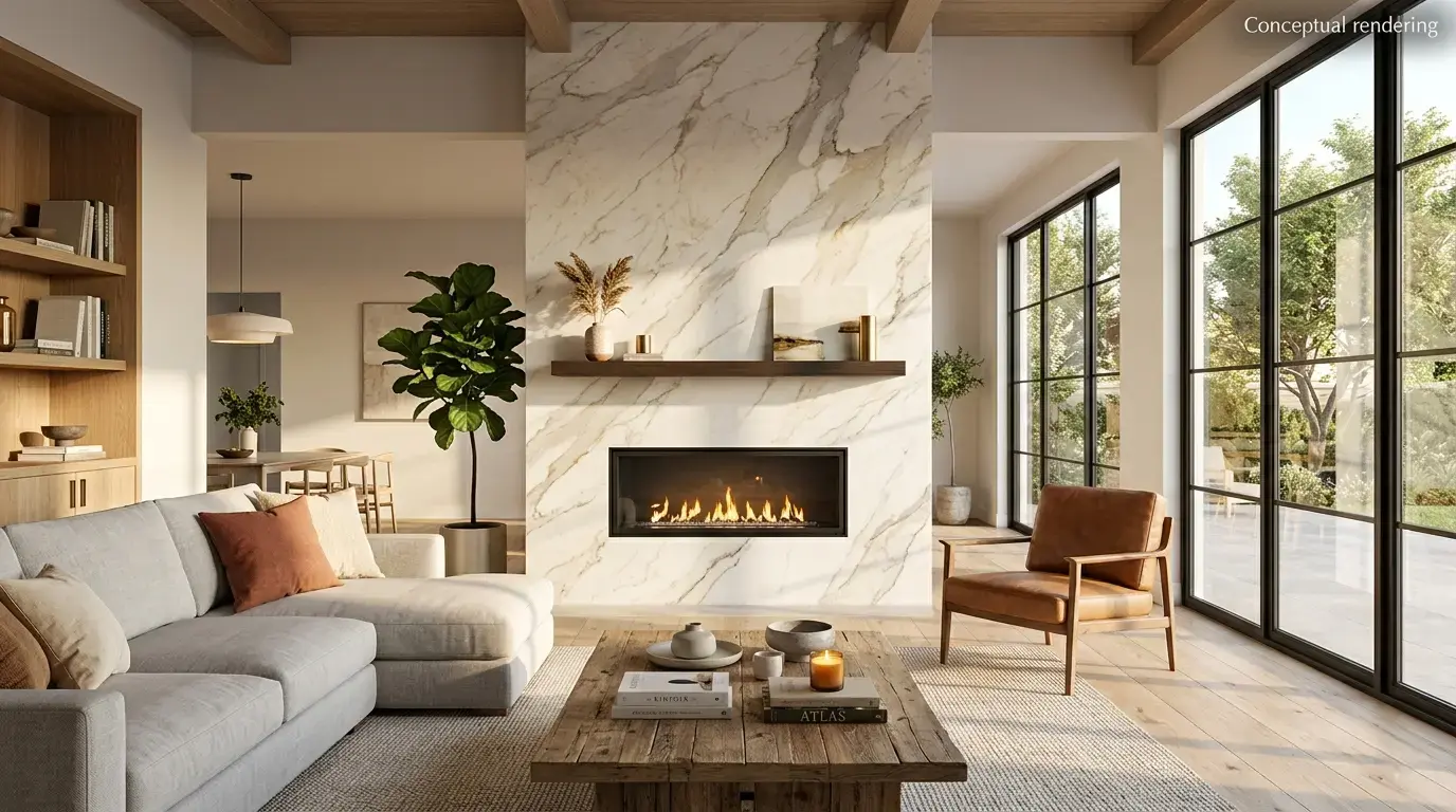 Conceptual rendering of a Bianco Superiore quartzite fireplace surround in a modern living room