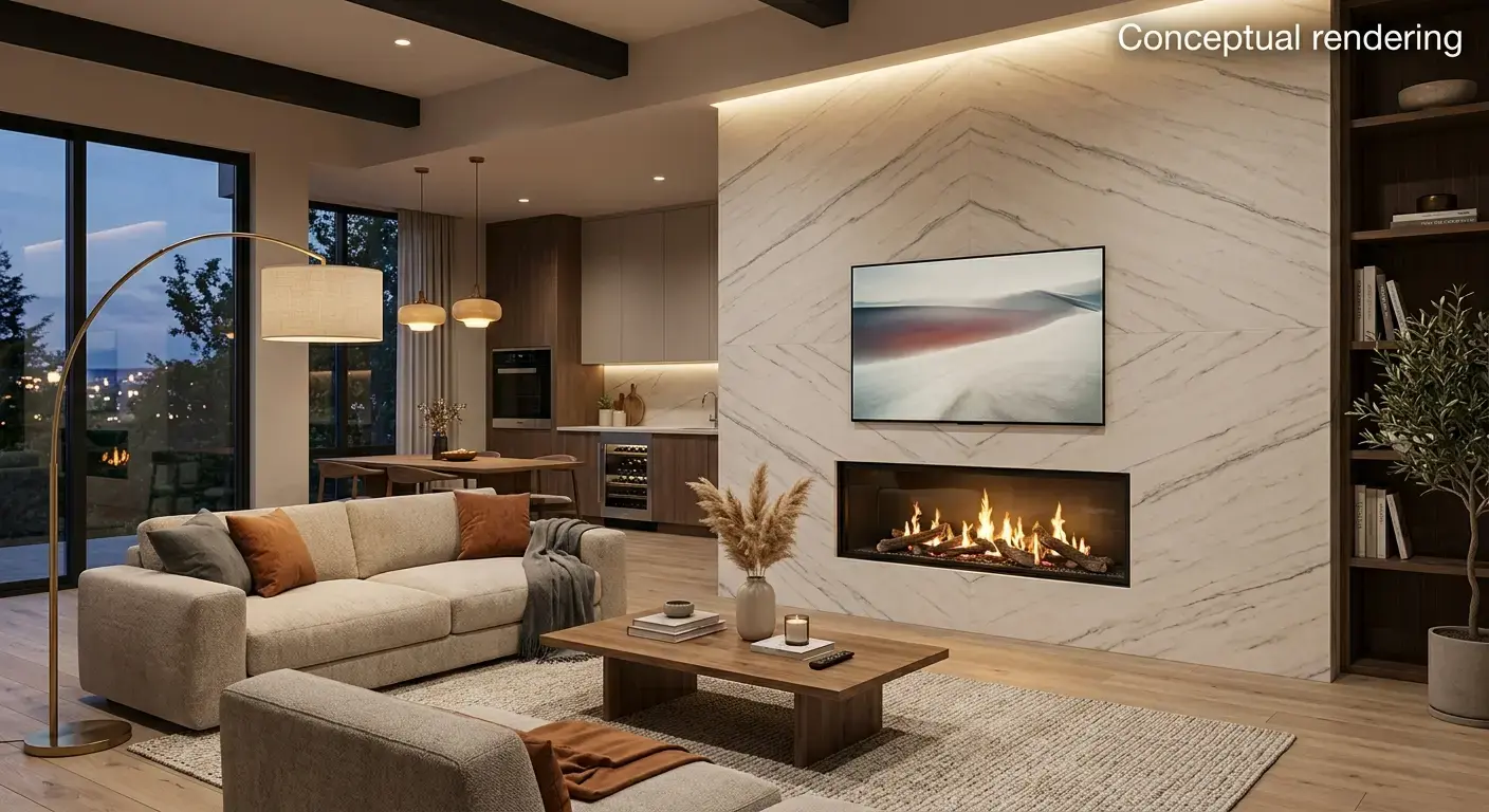 Conceptual rendering of a honed Bianco Superiore quartzite slab in modern living room with soft linear gray veining