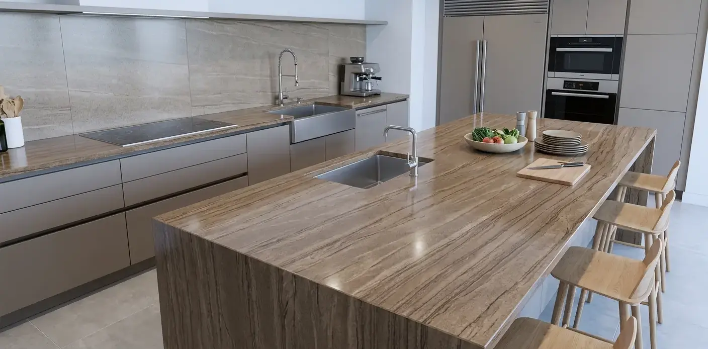 Conceptual rendering of a brown and tan engineered stone slab with linear veining on a kitchen countertop surface