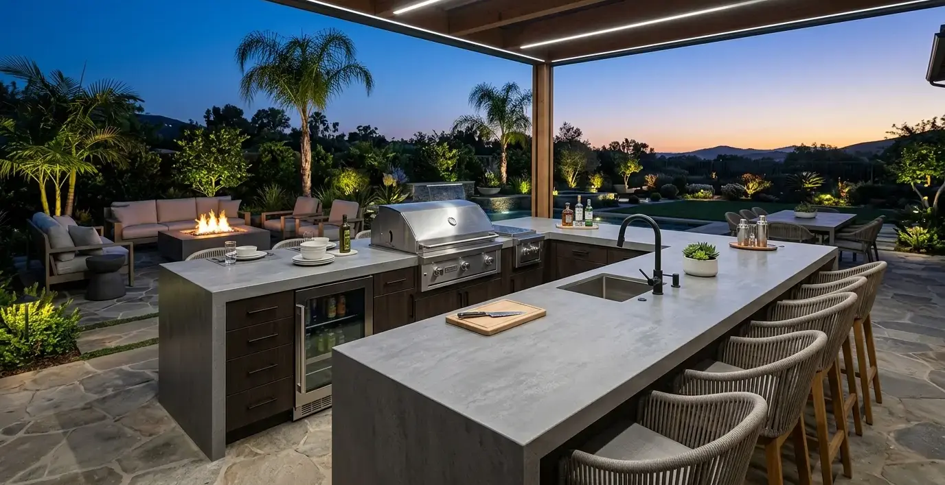 Conceptual rendering of a gray honed porcelain slab countertop on an outdoor kitchen and patio bar