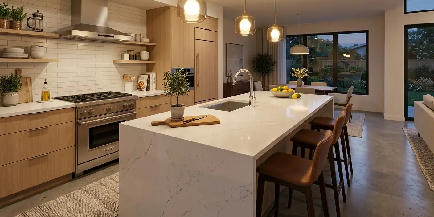 Conceptual rendering of a white polished engineered stone countertop installed in a modern kitchen island