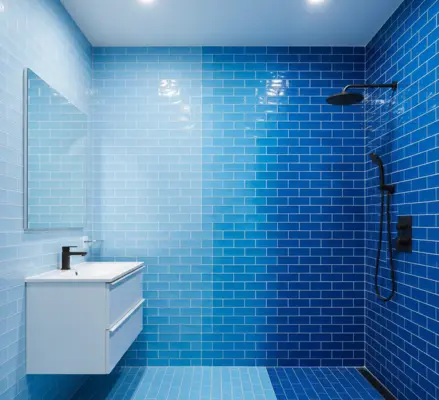 Blue subway tile walk-in shower with white vanity, mirror, and black shower fixtures