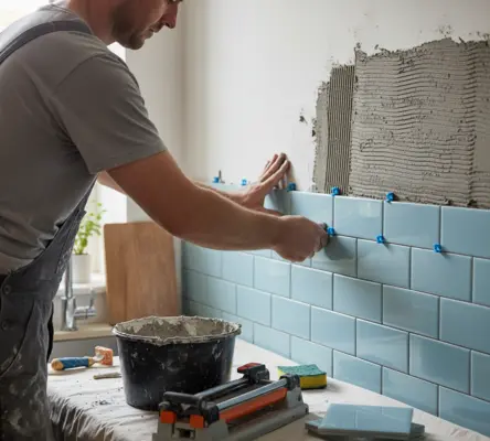 Installer placing light blue subway tiles on a wall with tile adhesive and spacers