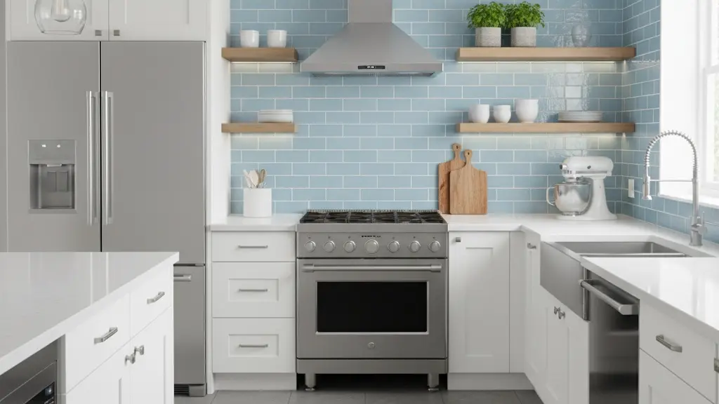 Modern kitchen design with sky blue subway tiles with different appliances