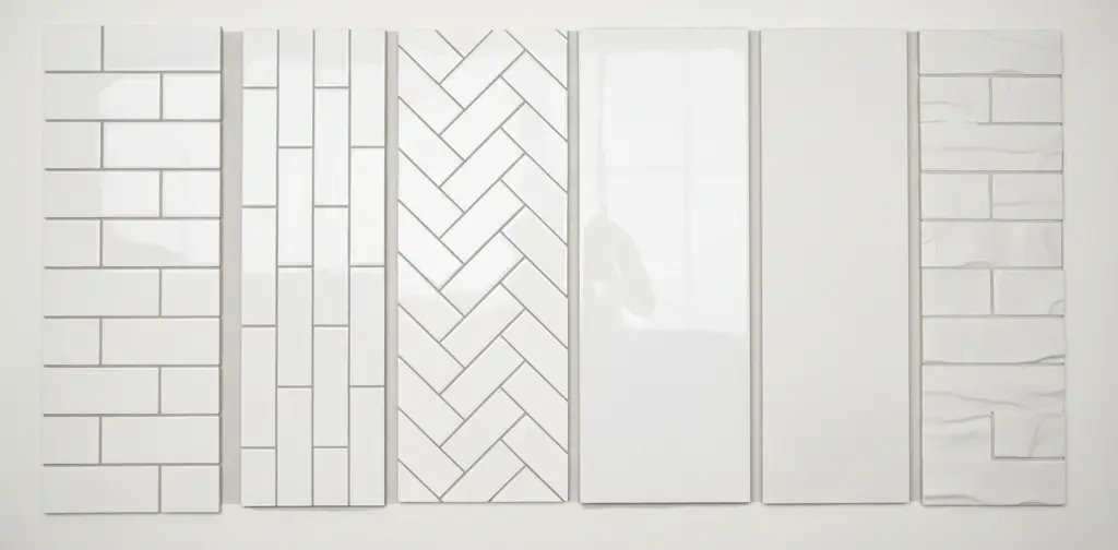 White subway tile layout samples showing brick, vertical, herringbone, large format, and marble-look patterns
