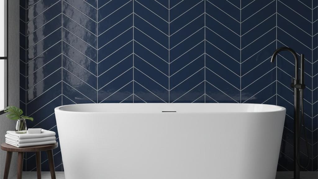 Colored subway tiles in navy blue arranged in chevron pattern behind freestanding bathtub