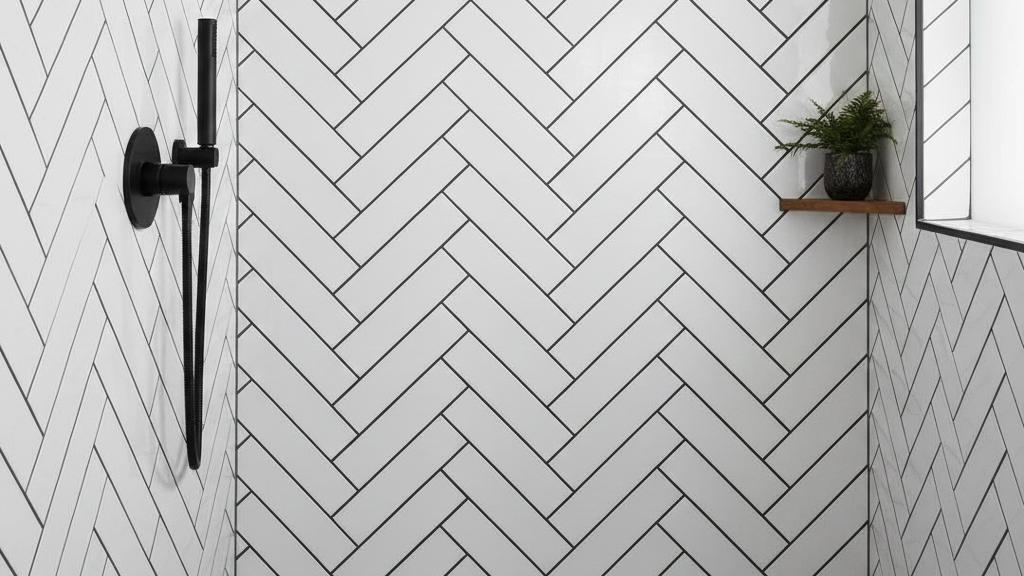 White subway tiles installed in herringbone pattern on modern bathroom shower wall with dark grout lines