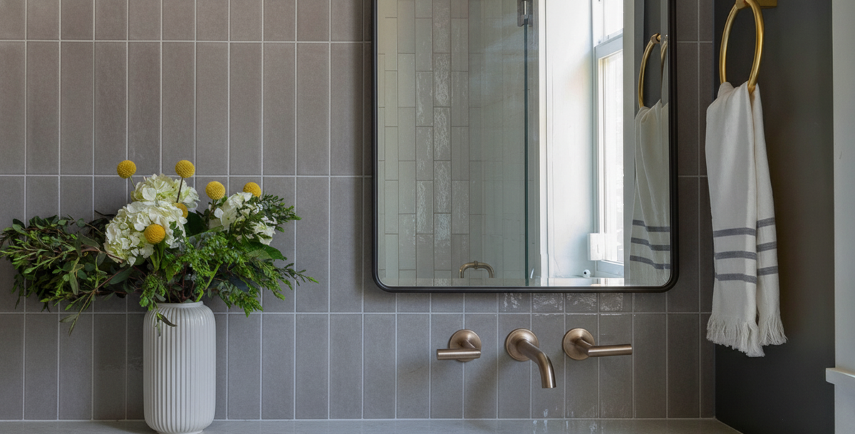 A white, ribbed vase holding a bouquet of white hydrangeas, yellow billy buttons, and green foliage against a grey vertical subway tile wall.