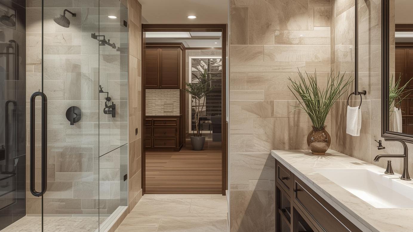 Travertine look subway tile bathroom wall with warm neutral tones