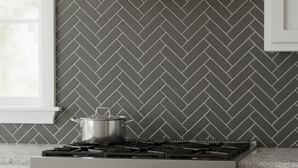 Gray subway tile herringbone pattern kitchen backsplash with white grout