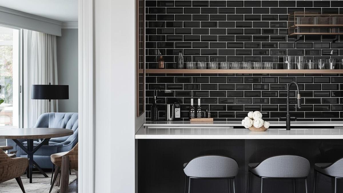 Modern black subway tile backsplash with white marble countertop and bar stools