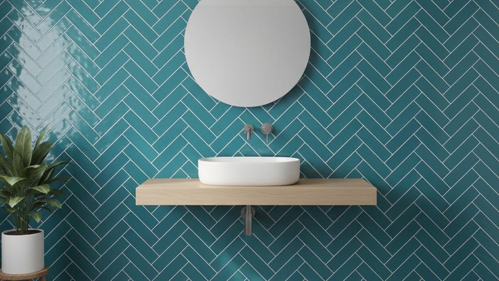Teal subway tile herringbone pattern bathroom wall with floating vanity