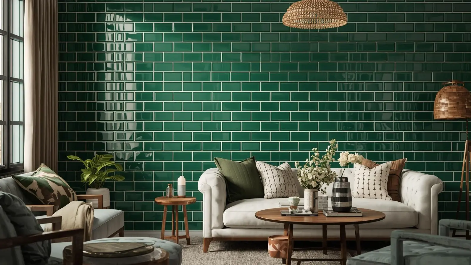Dark green subway tile accent wall in modern living room with white sofa