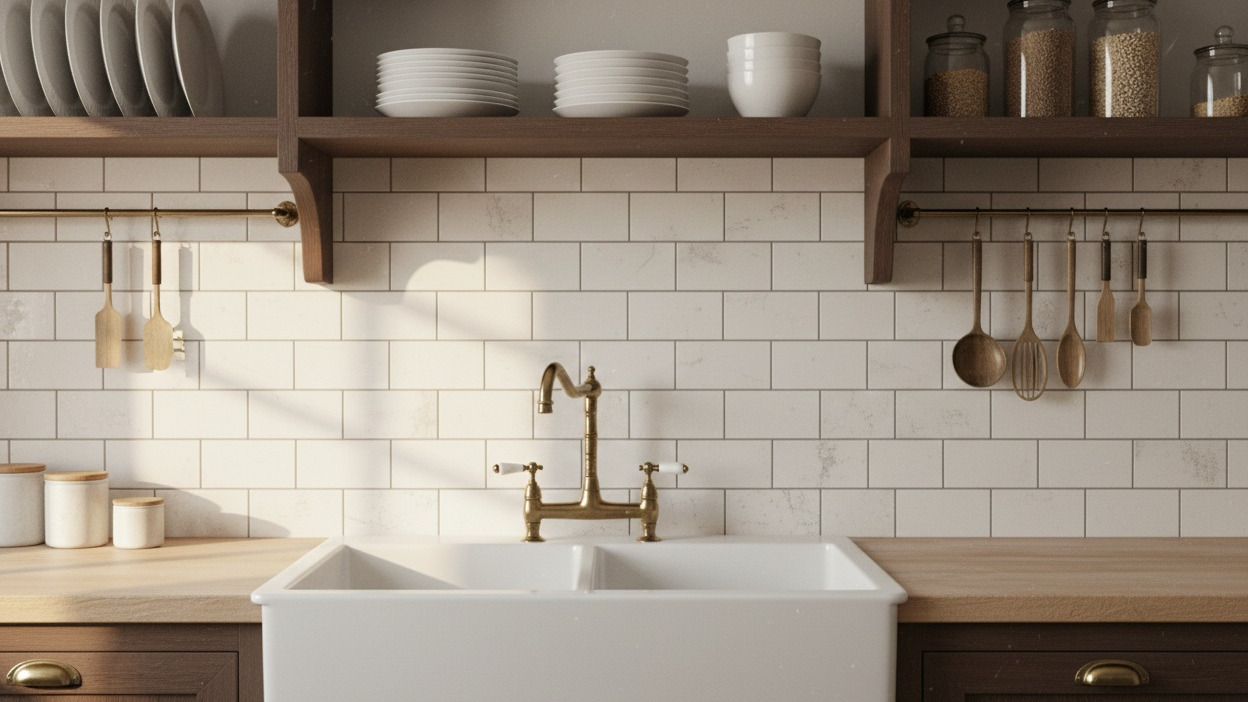 Classic white subway tile kitchen backsplash with dark grout lines