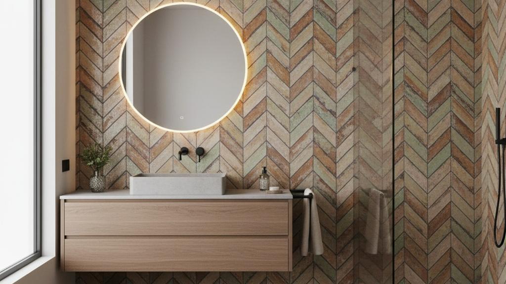 Herringbone wood-look tile bathroom with floating vanity and round mirror