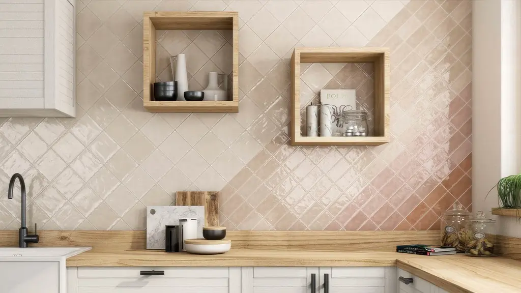 Warm kitchen with a cream and blush pink diamond-shaped subway tile backsplash, wood countertops, and white cabinets