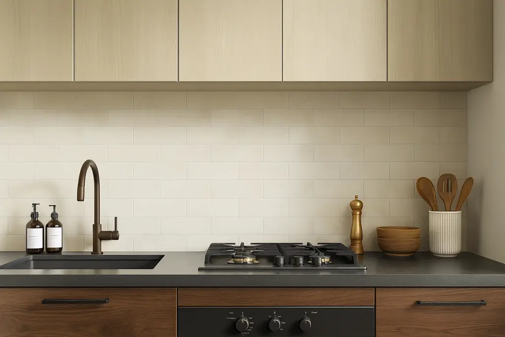 Modern kitchen with cream subway tile backsplash, light wood cabinets, black countertop, sink, and cooktop