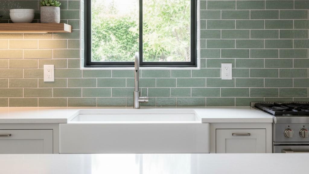 Sage green subway tile backsplash with white farmhouse sink and open shelving
