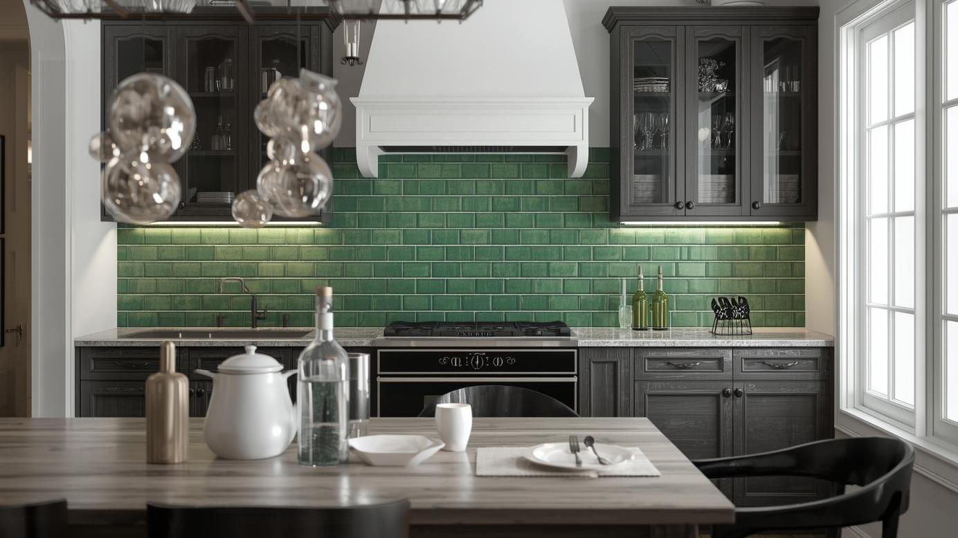 Green subway tile kitchen backsplash with dark cabinets and white range hood