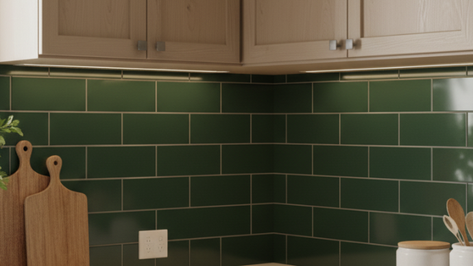 Sage green subway tile backsplash with white farmhouse sink and open shelving