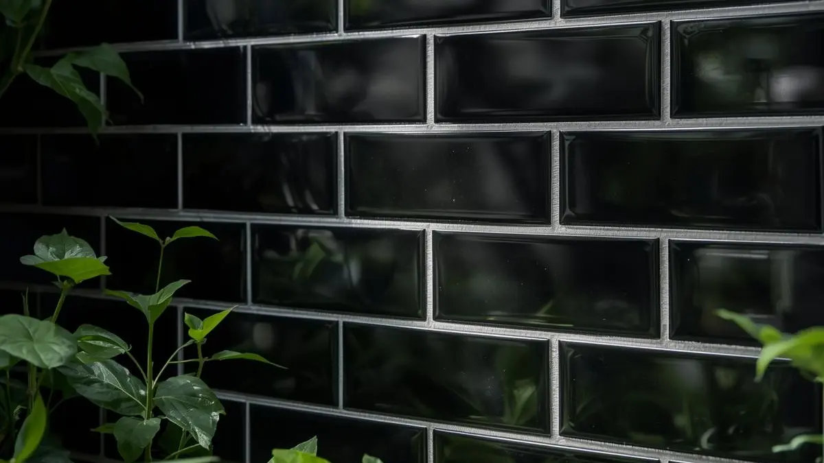 Glossy black subway tile wall with dark grout and green plants in foreground