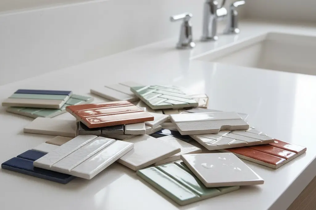 Selection of ceramic samples showing how to choose the perfect subway tile size for your home