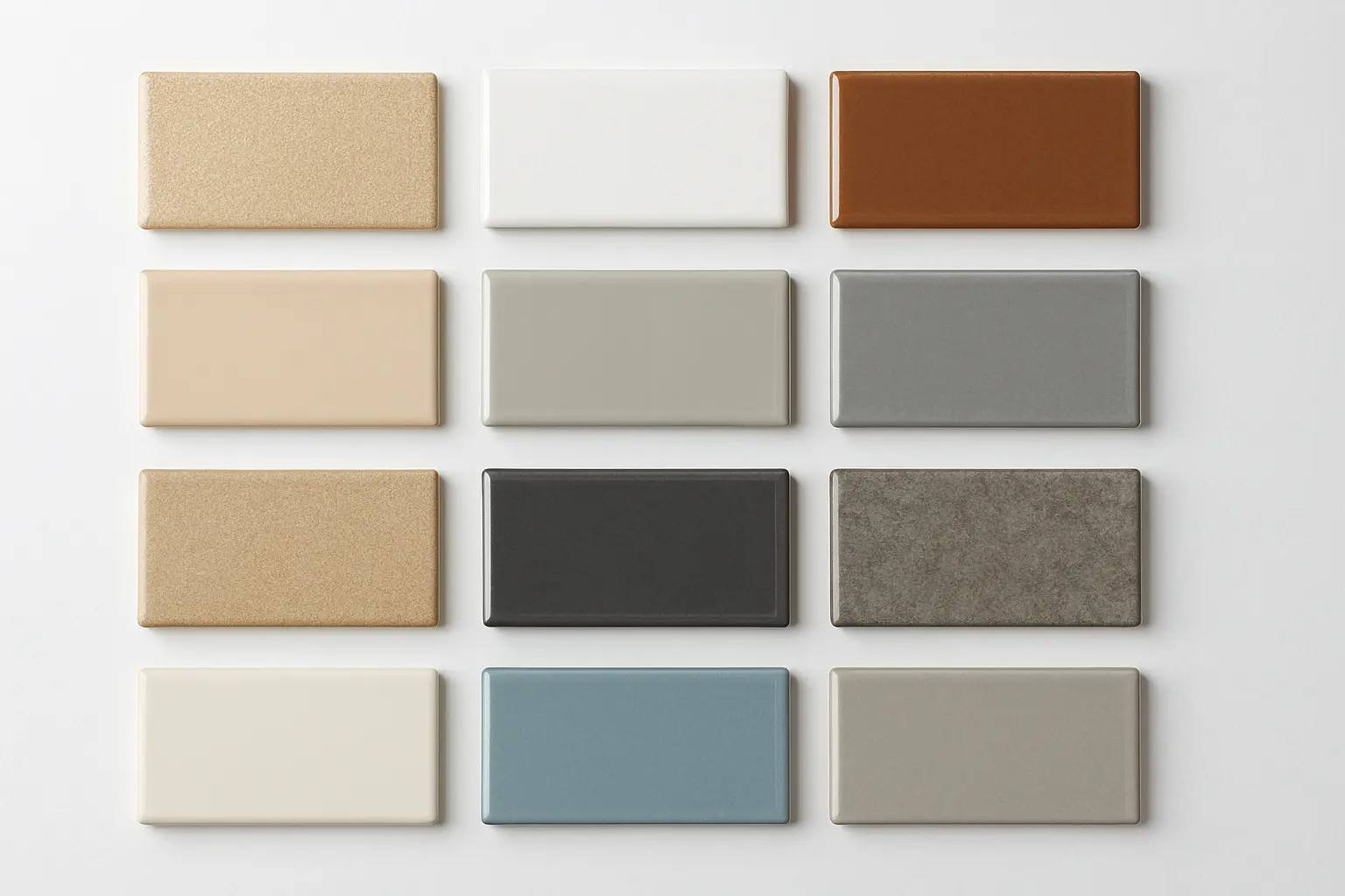 Grid of ceramic samples showcasing various Subway Tile Finishes from matte to high-gloss