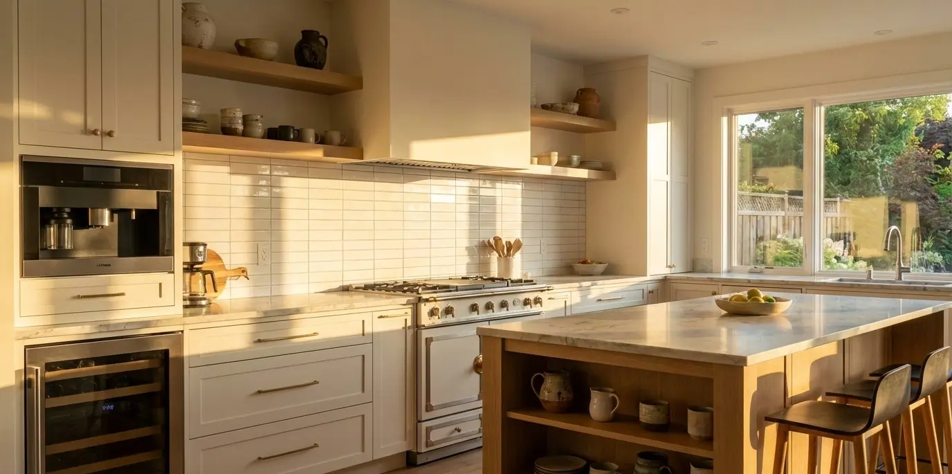 Modern kitchen with a white subway tile backsplash and warm wood accents