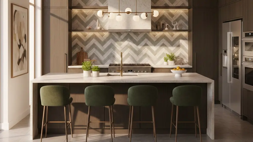 Modern kitchen with herringbone tile backsplash